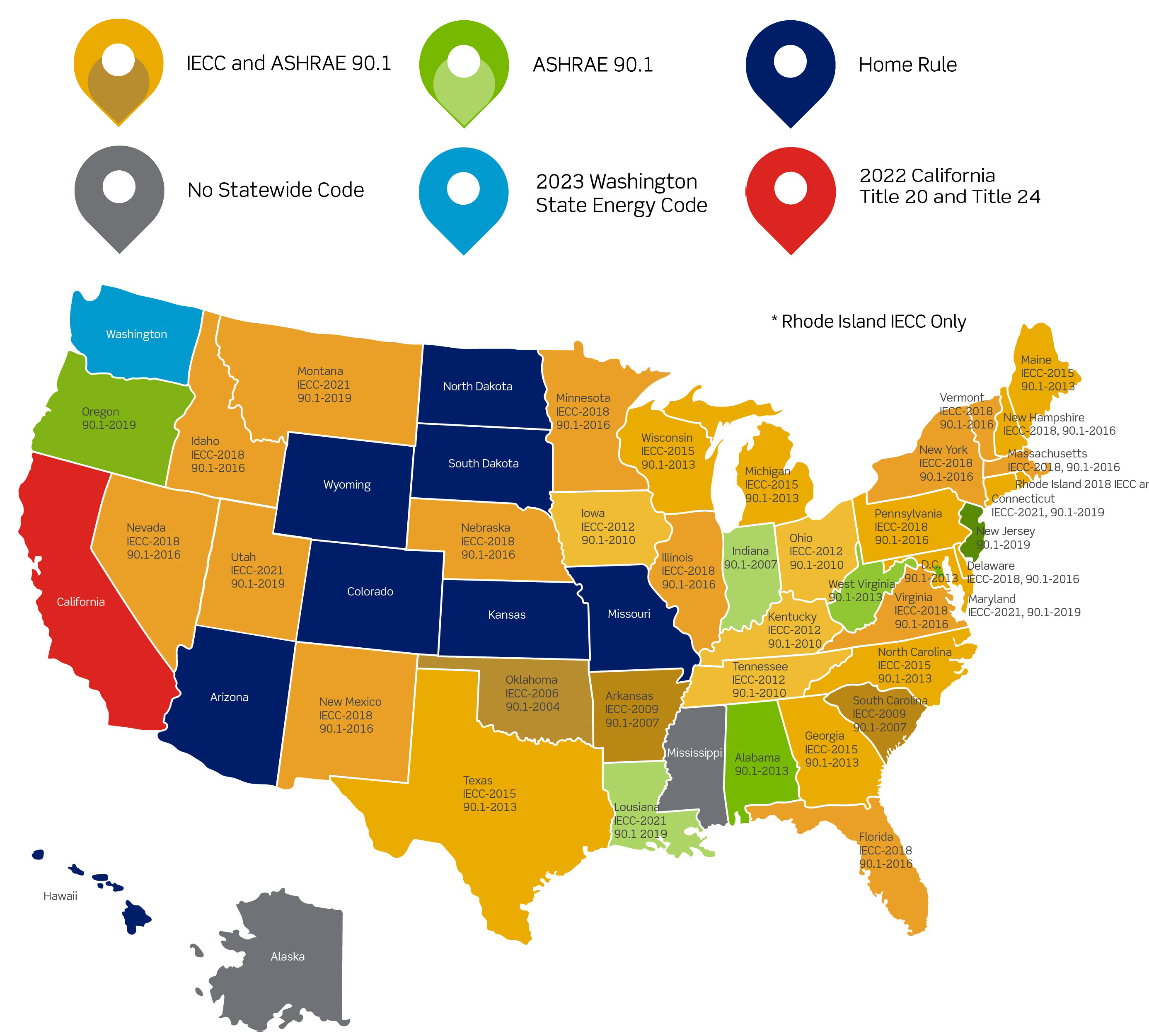 Map of Energy Code adoption by state as of 1/13/2022